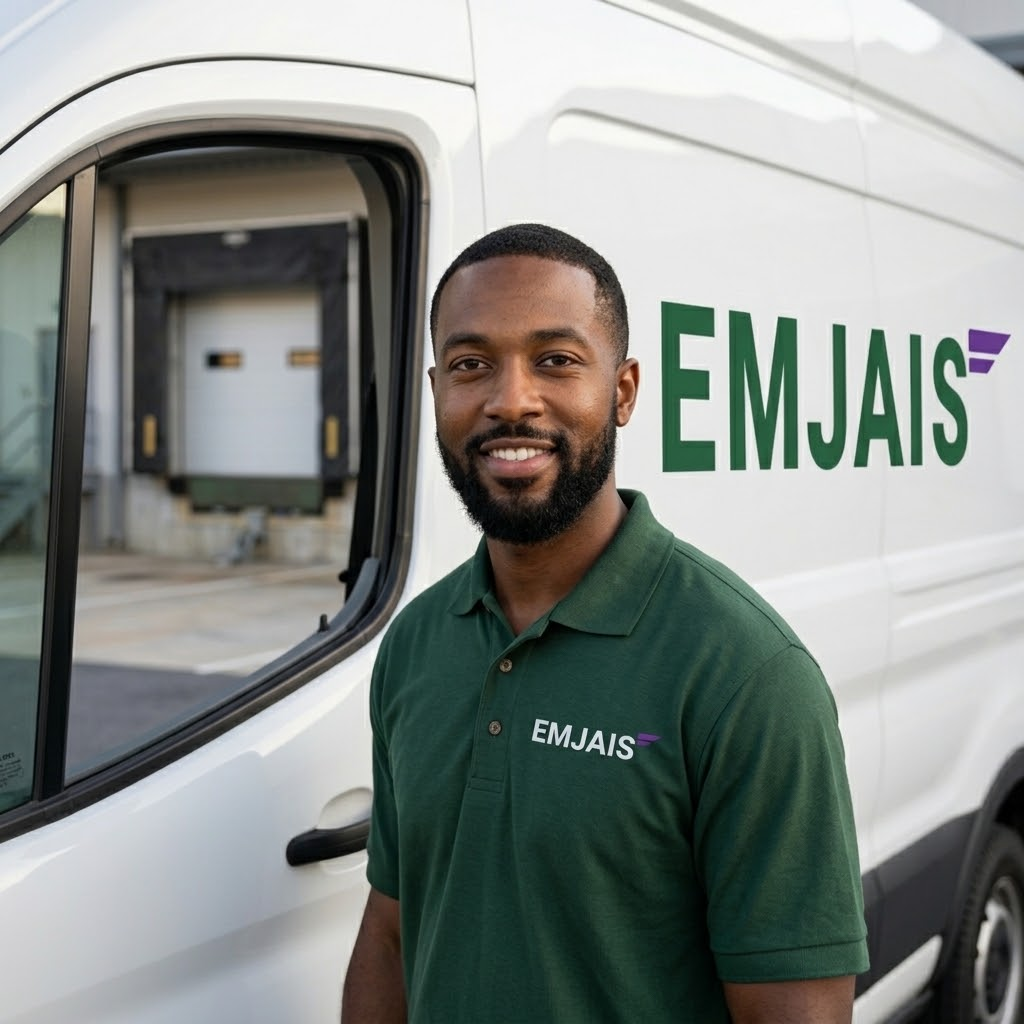 EMJAIS driver standing beside the delivery van