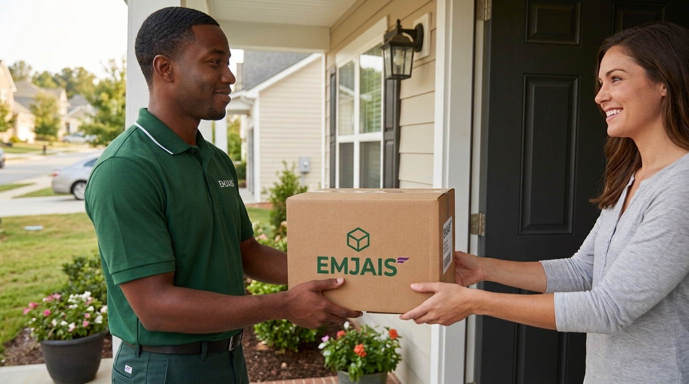 EMJAIS driver handing off a package at a customer's door